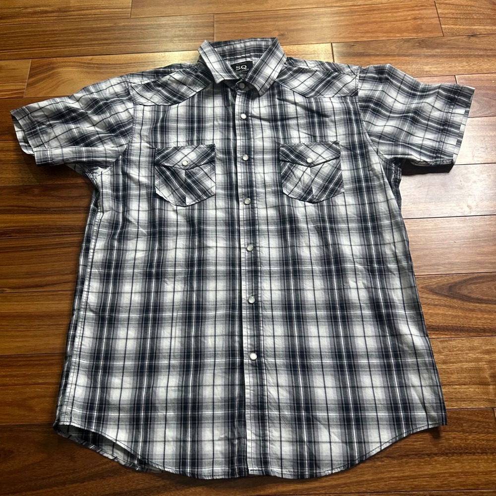 SQ Plaid‎ Western Shirt Short Sleeve Pearl Snap Front Casual Top L/G